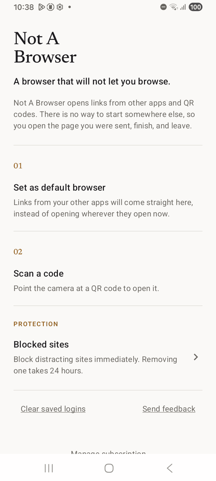 Not A Browser home screen, with controls to set it as the default browser and scan a QR code